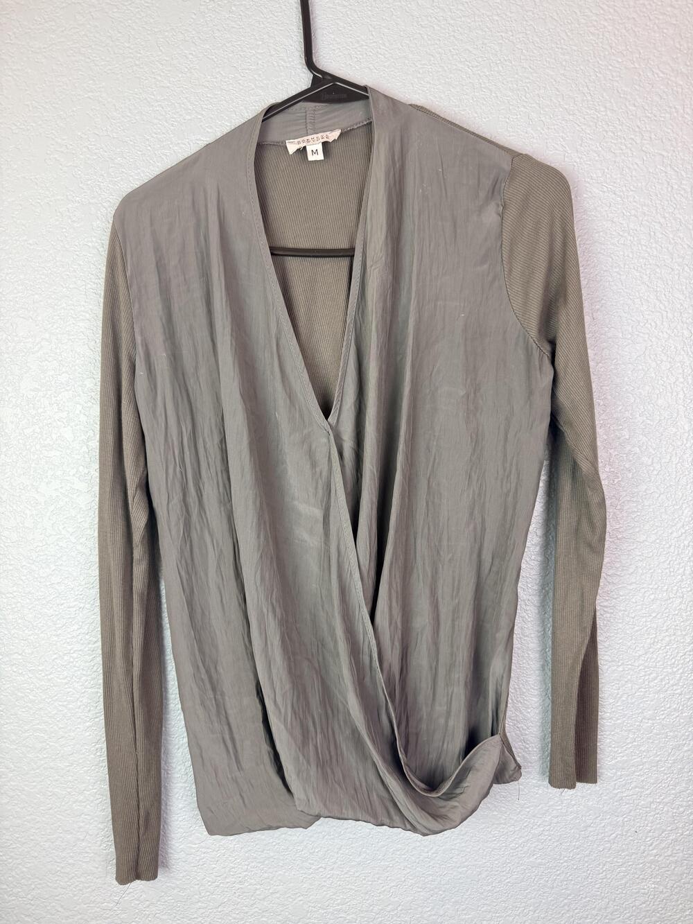 Barneys New York Blouse Womens Medium Gray Draped Surplice V Neck Knit Top